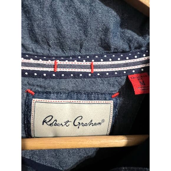 Robert Graham Polo Shirt Medium Tailored Fit Navy Blue Chambray Cuff Long Sleeve - Picture 5 of 9